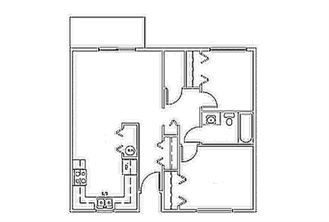 Floor plan for 2 beds, 1 bath, 785 sqft