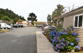 Reedport apartment for rent - a street with a house and flowers on the side of it