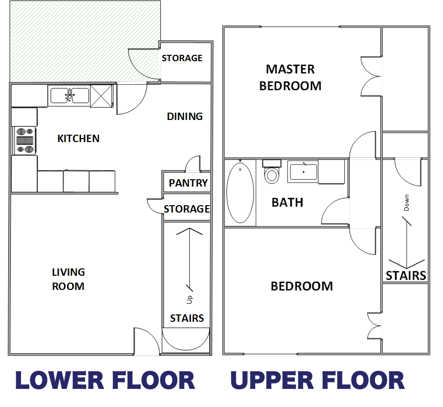 Floor plan for 2 beds, 1 bath, 864 sqft