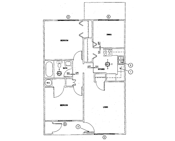 Floor plan for 2 beds, 1 bath, 770 sqft