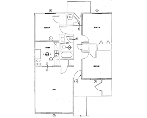 Floor plan for 3 beds, 1 bath, 898 sqft