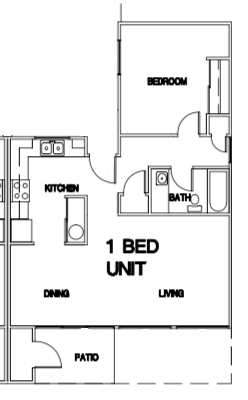 Floor plan for 1 bed, 1 bath