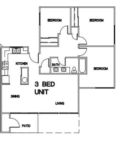 Floor plan for 3 beds, 1 bath