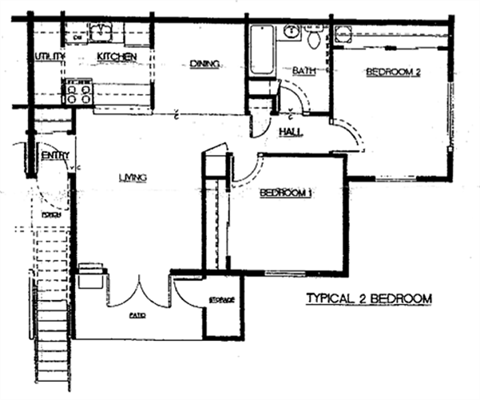 Floor plan for 2 beds, 1 bath, 916 sqft