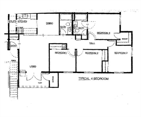 Floor plan for 4 beds, 2 baths, 1236 sqft