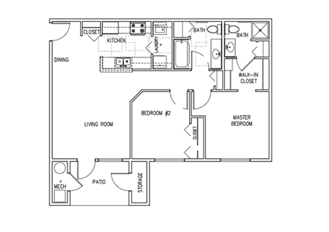 Floor plan for 2 beds, 2 baths, 932 sqft