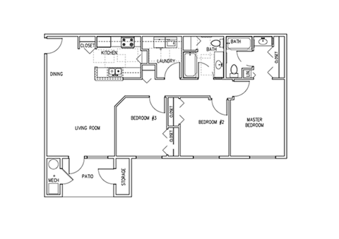 Floor plan for 3 beds, 2 baths, 1076 sqft