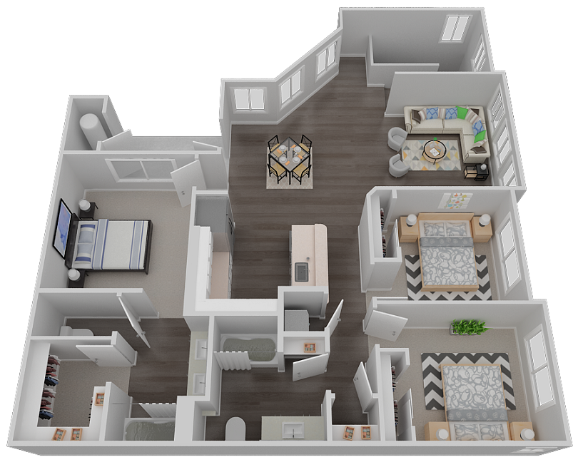 Floor plan for 3 beds, 2 baths, 1303 sqft