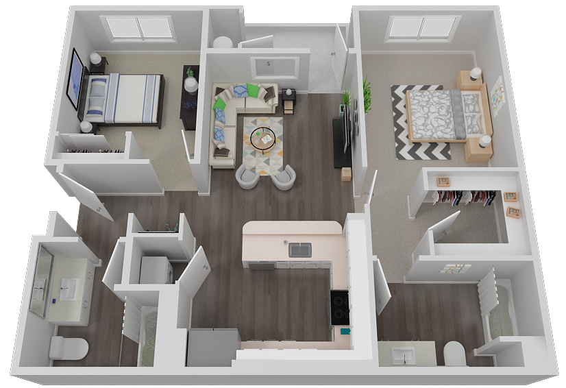 Floor plan for 2 beds, 2 baths, 978 sqft