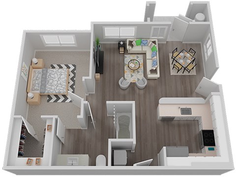 Floor plan for 1 bed, 1 bath, 736 sqft