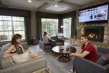 Auburn Hills apartment for rent - A man and woman are sitting in a living room with a stone fireplace and a television screen showing a hockey game.