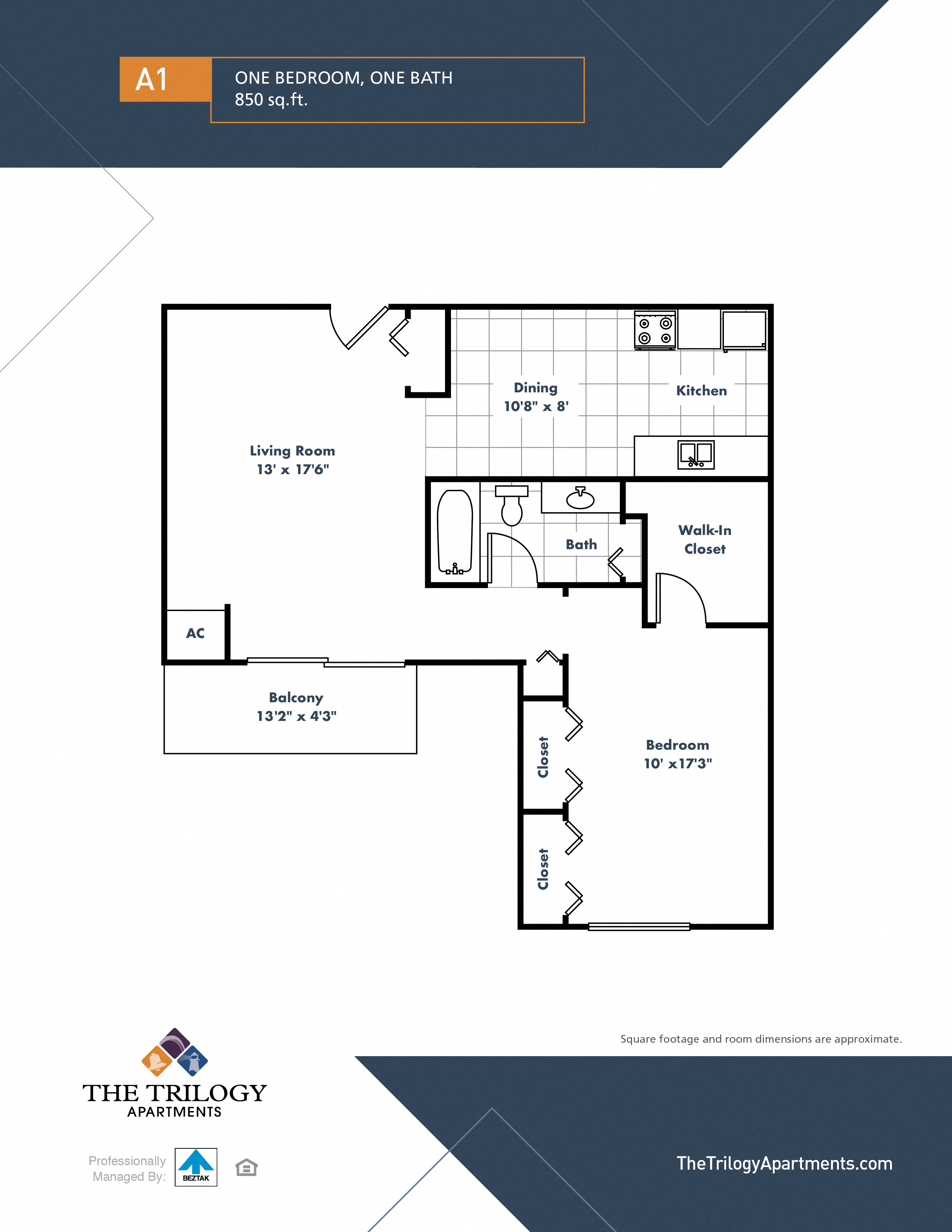 Floor plan for 1 bed, 1 bath, 850 sqft