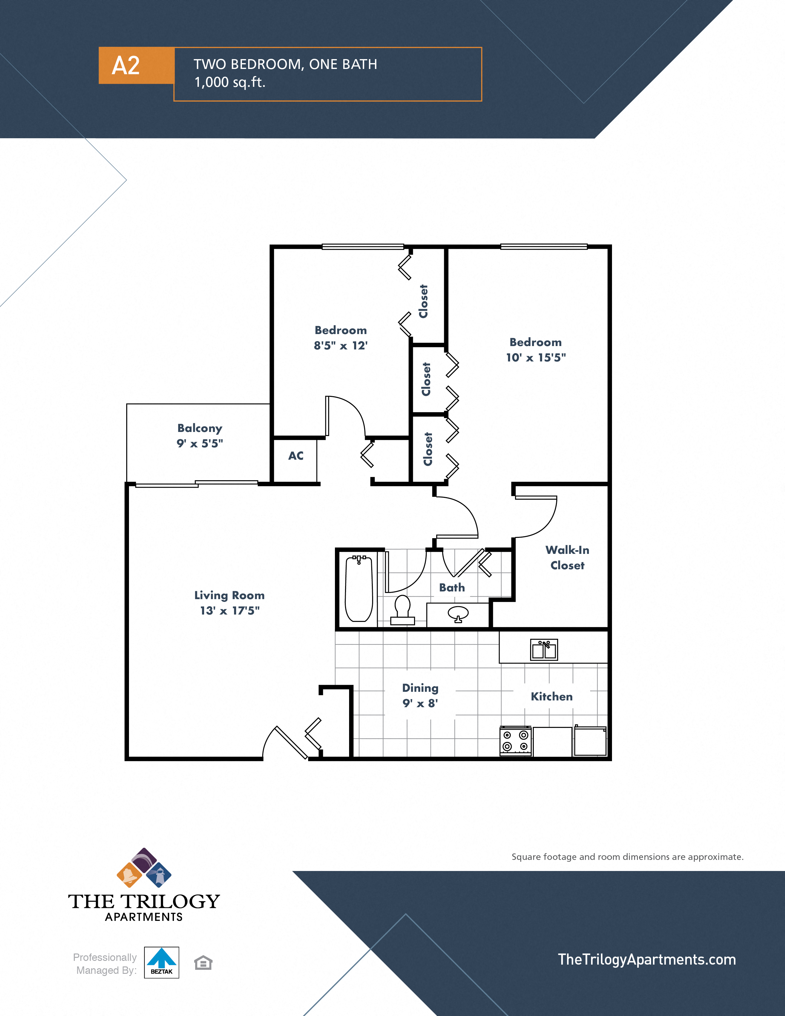 Floor plan for 2 beds, 1 bath, 1000 sqft