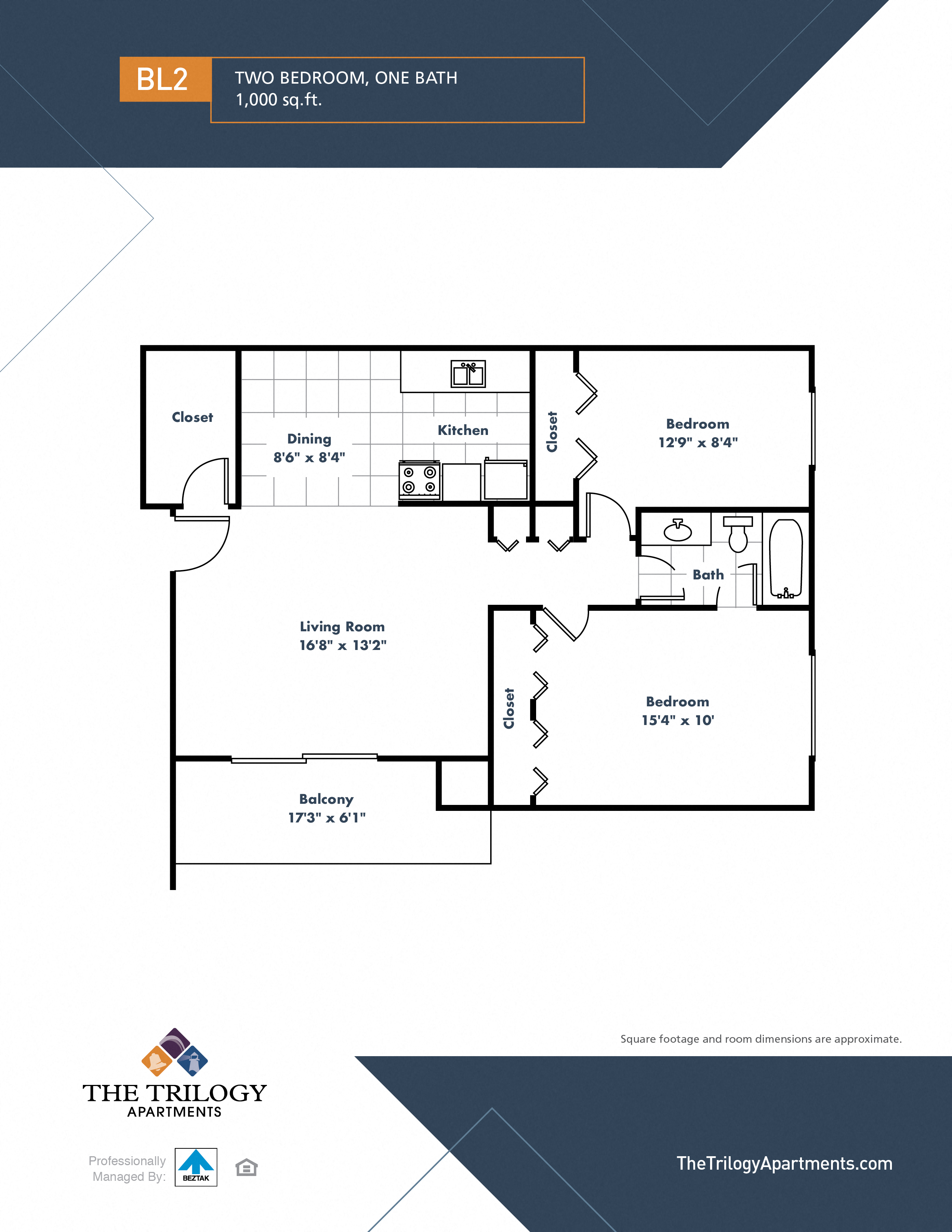 Floor plan for 2 beds, 1 bath, 1000 sqft