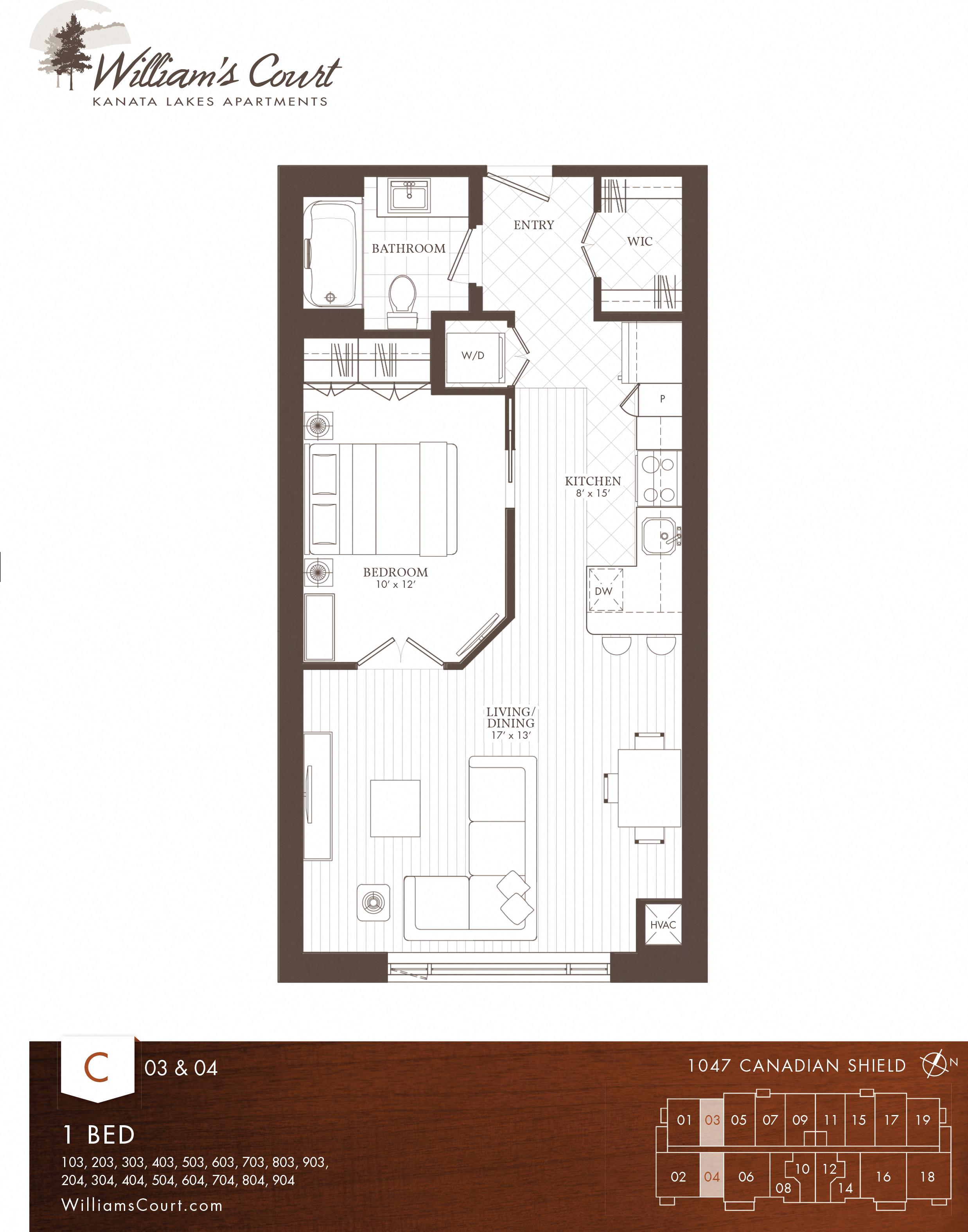 Floor plan for 1 bed, 1 bath, 675 sqft