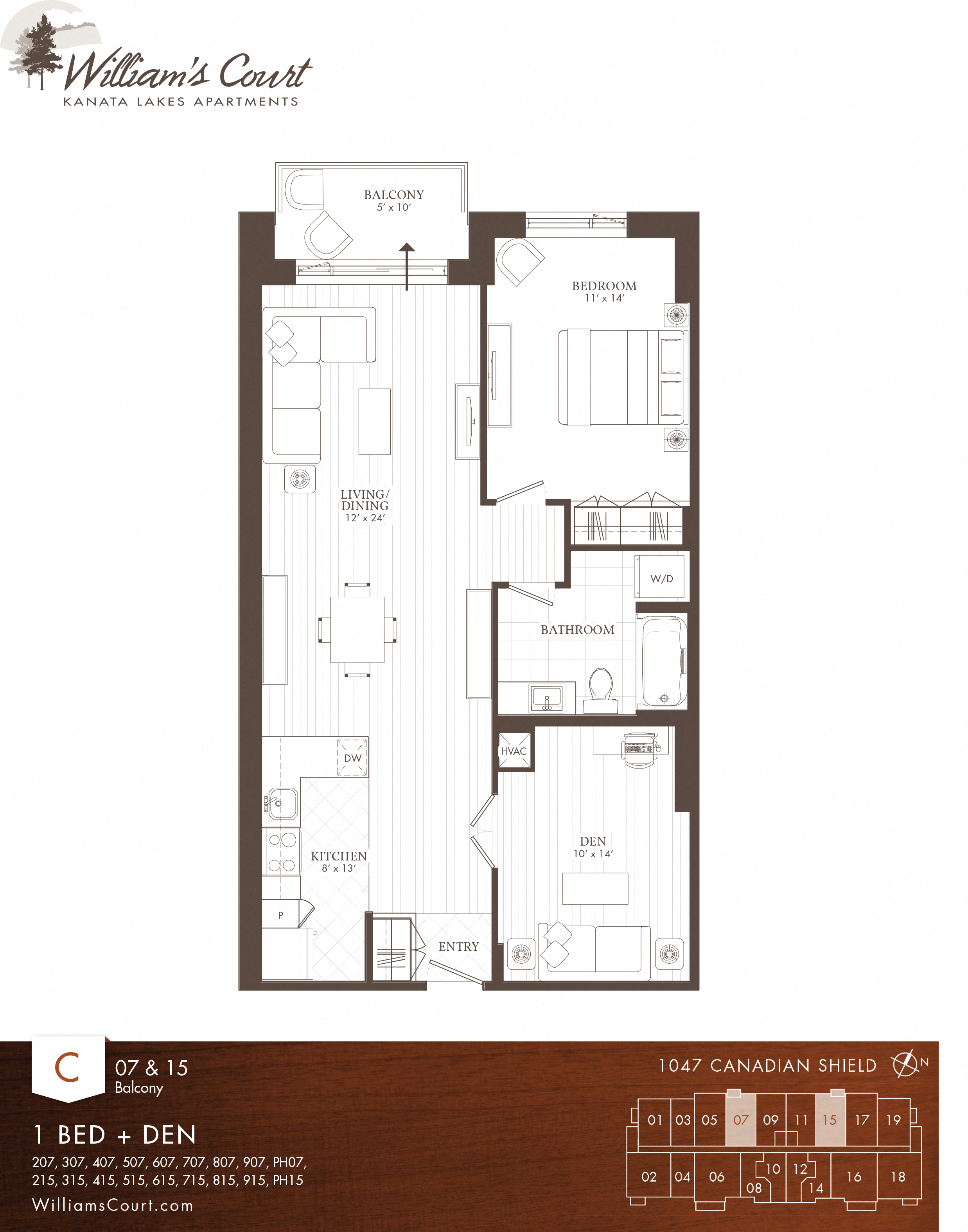 Floor plan for 1 bed, 1 bath, 1015 sqft