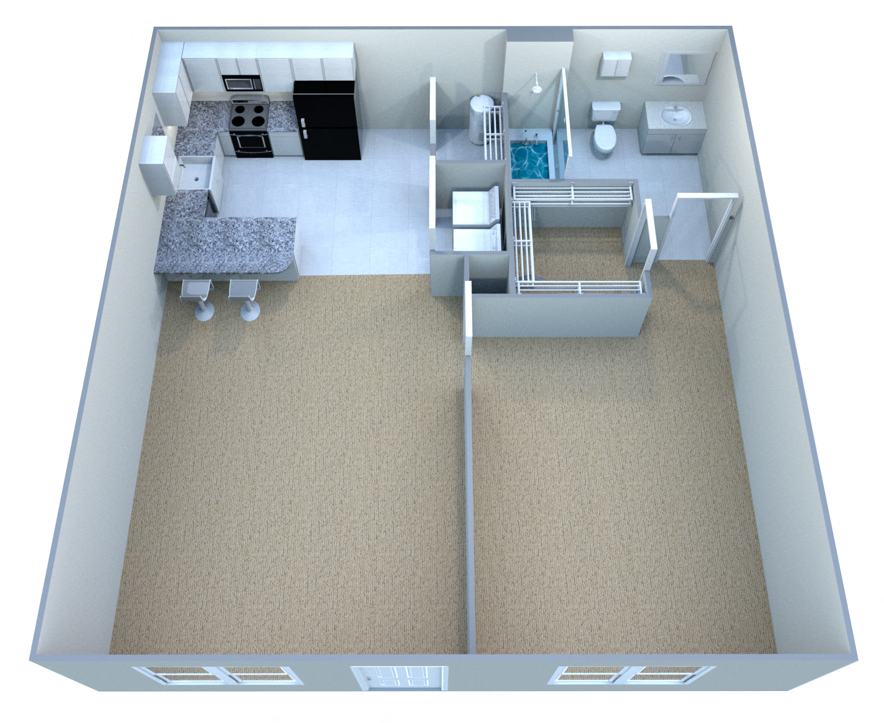 Floor plan for 1 bed, 1 bath, 669 sqft