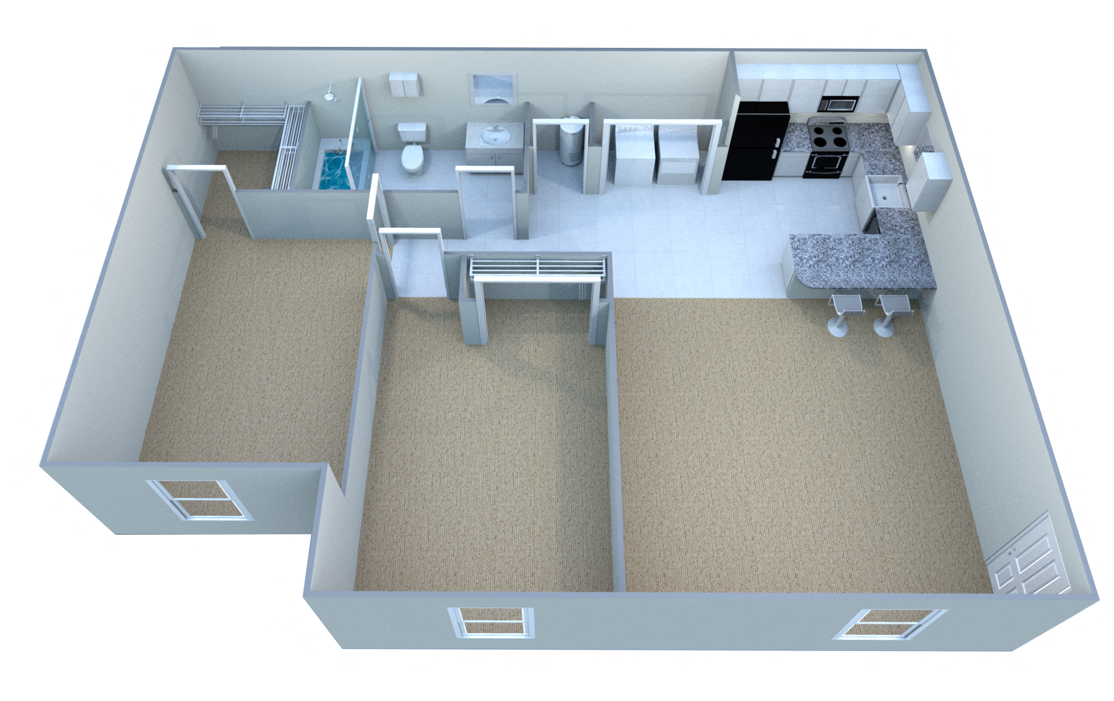 Floor plan for 2 beds, 1 bath, 889 sqft