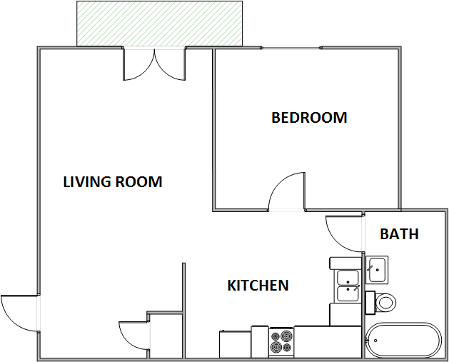 Floor plan for 1 bed, 1 bath, 482 sqft