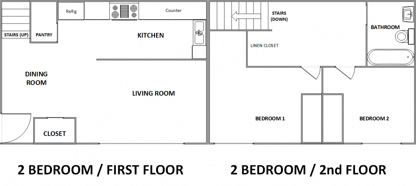 Floor plan for 2 beds, 1 bath, 768 sqft