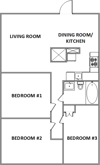 Floor plan for 3 beds, 1 bath