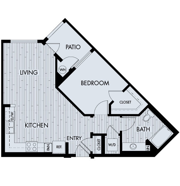 Floor plan for 1 bed, 1 bath, 738 sqft