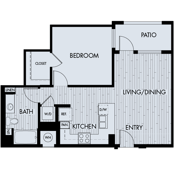 Floor plan for 1 bed, 1 bath, 763 sqft