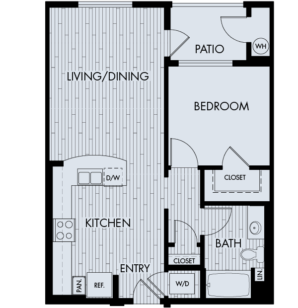 Floor plan for 1 bed, 1 bath, 763 sqft