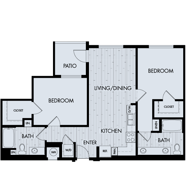 Floor plan for 2 beds, 2 baths, 1029 sqft