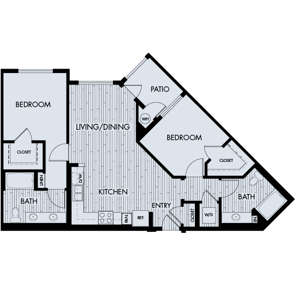 Floor plan for 2 beds, 2 baths, 1051 sqft