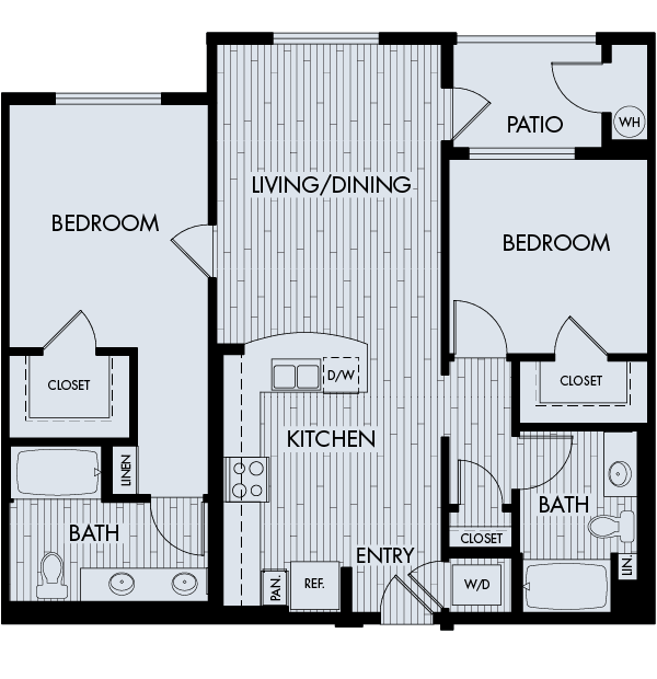 Floor plan for 2 beds, 2 baths, 1105 sqft