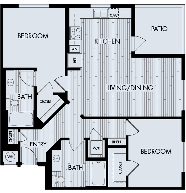 Floor plan for 2 beds, 2 baths, 1157 sqft