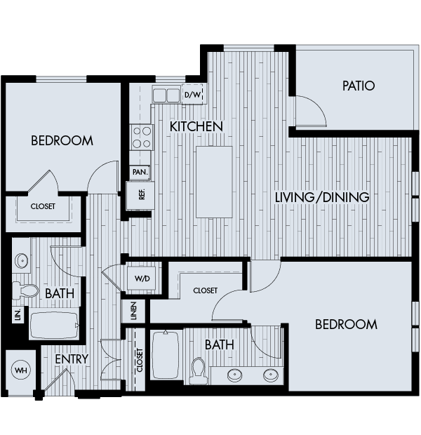Floor plan for 2 beds, 2 baths, 1256 sqft