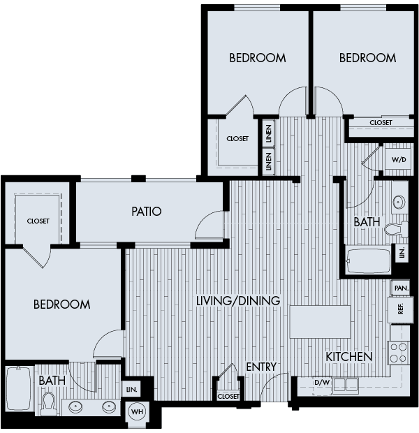 Floor plan for 3 beds, 2 baths, 1398 sqft