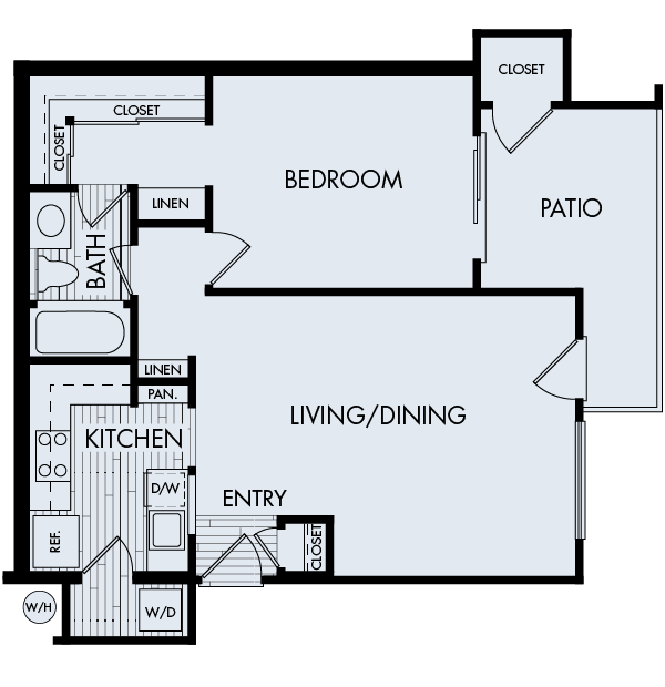 Floor plan for 1 bed, 1 bath, 640 sqft