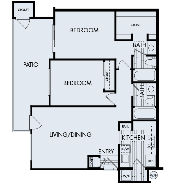 Floor plan for 2 beds, 2 baths, 870 sqft