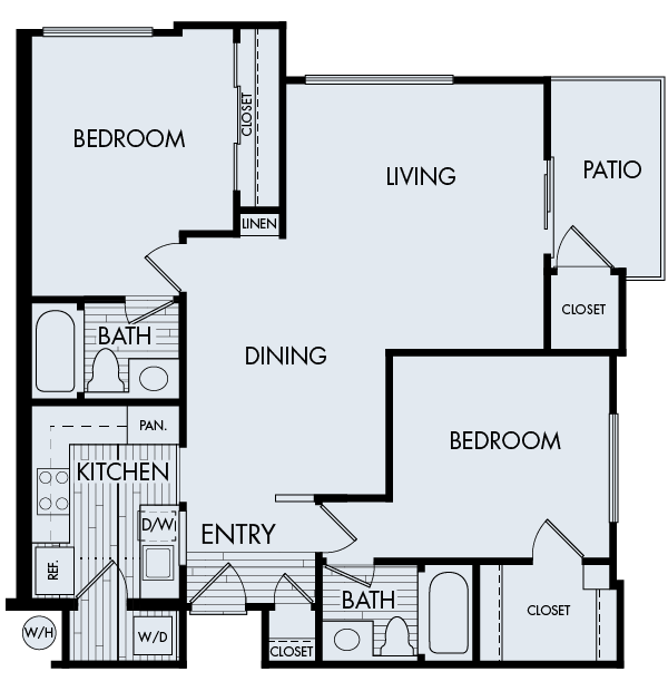 Floor plan for 2 beds, 2 baths, 910 sqft