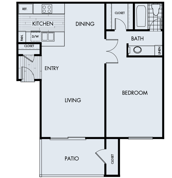 Floor plan for 1 bed, 1 bath, 768 sqft