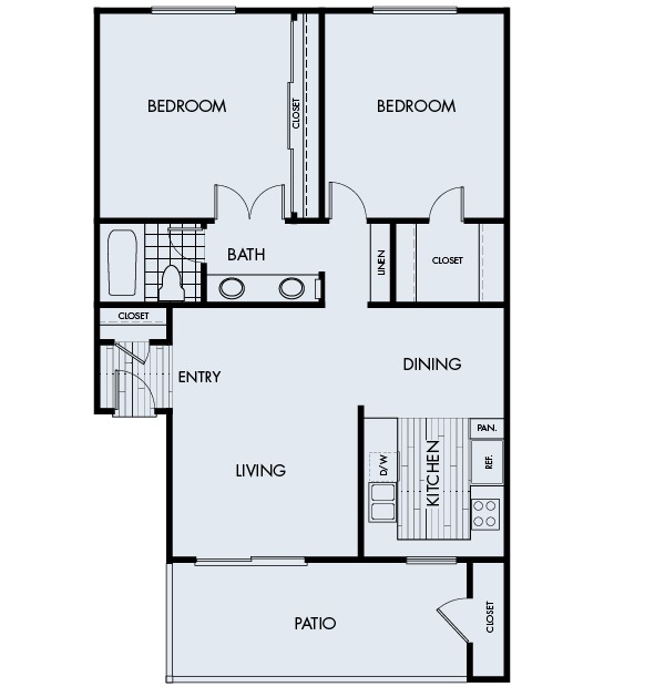 Floor plan for 2 beds, 1 bath, 970 sqft