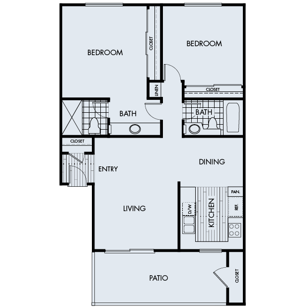 Floor plan for 2 beds, 2 baths, 970 sqft