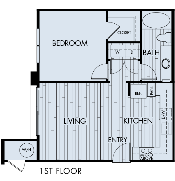 Floor plan for 1 bed, 1 bath, 632 sqft