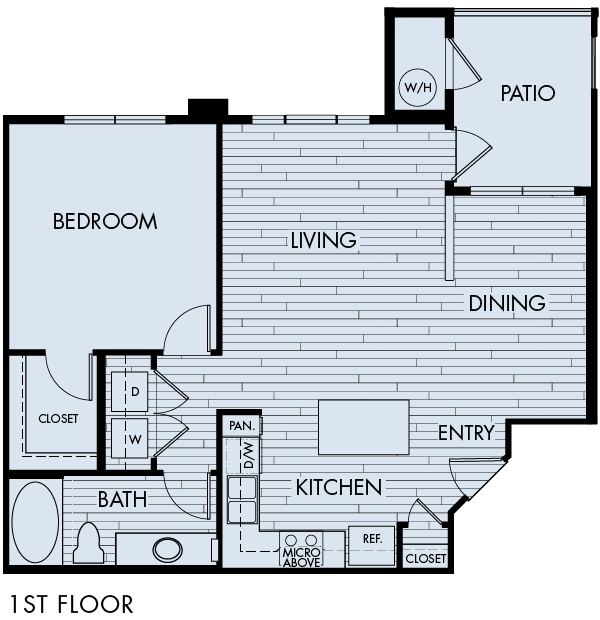Floor plan for 1 bed, 1 bath, 832 sqft