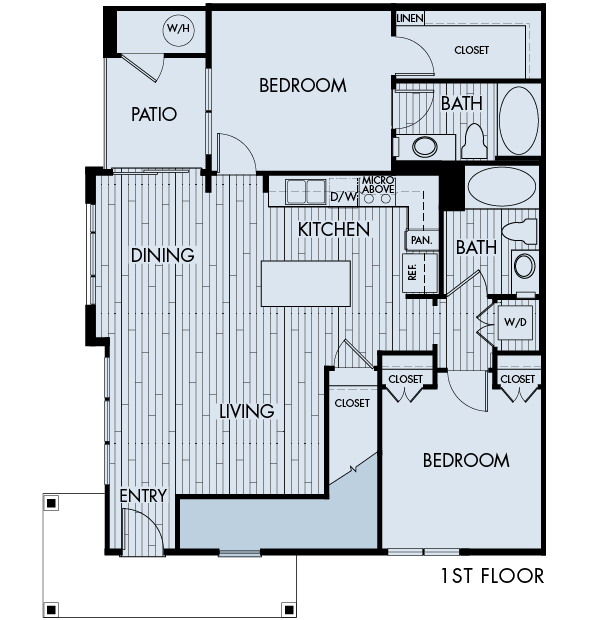 Floor plan for 2 beds, 2 baths, 1075 sqft