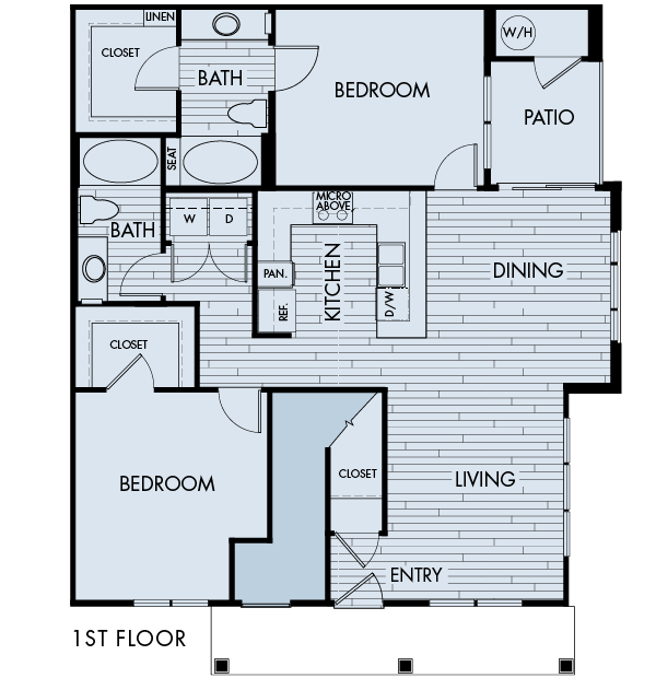 Floor plan for 2 beds, 2 baths, 1153 sqft