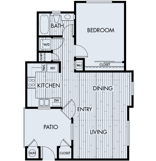 Floor plan for 1 bed, 1 bath, 725 sqft