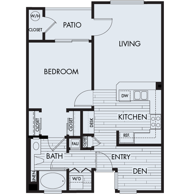 Floor plan for 1 bed, 1 bath, 723 sqft