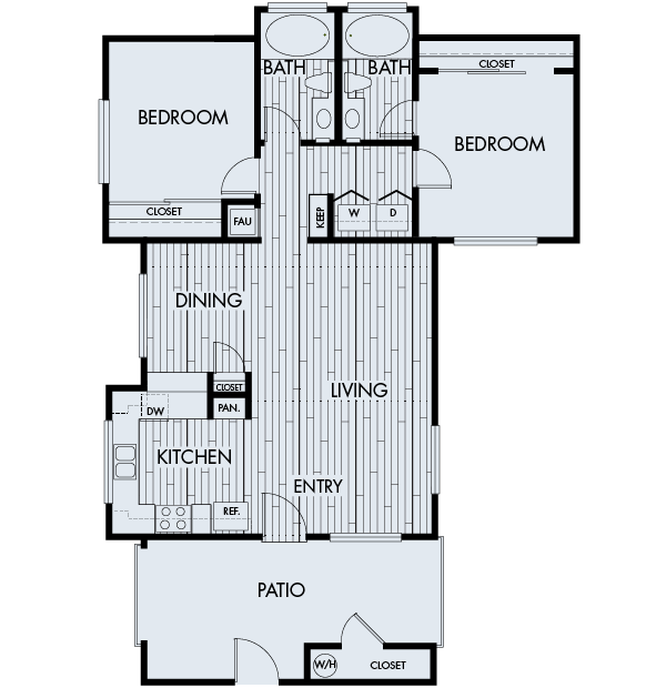 Floor plan for 2 beds, 2 baths, 1016 sqft