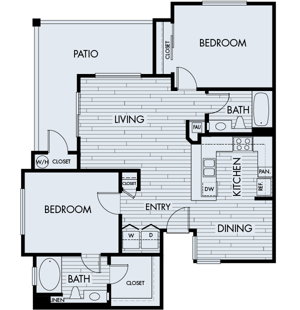 Floor plan for 2 beds, 2 baths, 1011 sqft