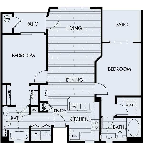 Floor plan for 2 beds, 2 baths, 1023 sqft