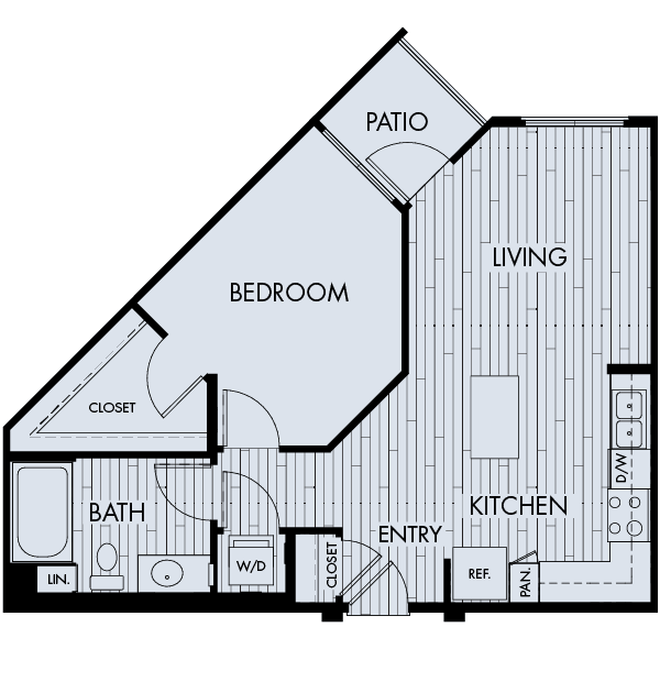 Floor plan for 1 bed, 1 bath, 687 sqft